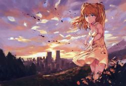 Rule 34 | 1girl, artist request, black choker, blue eyes, blush, breasts, choker, city, cleavage, dress, evening, feet out of frame, looking to the side, medium breasts, neon genesis evangelion, simple background, sleeveless, sleeveless dress, smile, solo, souryuu asuka langley, standing, sundress, wind, yellow dress