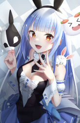 Rule 34 | &gt; &lt;, 1girl, absurdres, animal ears, blue hair, blunt bangs, breasts, carrot, center frills, checkered background, cleavage, collar, detached collar, detached sleeves, don-chan (usada pekora), fake animal ears, frilled collar, frilled skirt, frills, hair down, highres, holding, holding mask, hololive, leotard, looking at viewer, mask, medium breasts, necktie, open mouth, orange eyes, pekomon (usada pekora), playboy bunny, pleated skirt, rabbit, rabbit-shaped pupils, rabbit ears, rabbit mask, shin insh, short necktie, skirt, smile, solo, symbol-shaped pupils, thick eyebrows, tie clip, usada pekora, usada pekora (furi furi bunny dress), virtual youtuber, wrist cuffs
