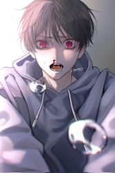 Rule 34 | 1boy, black hair, blood, commentary request, crying, crying with eyes open, dated, grey hoodie, highres, hood, hood down, hoodie, looking at viewer, male focus, mugi oyasumi, nosebleed, open mouth, original, pink eyes, short hair, signature, solo, teardrop, tearing up, tears, teeth, tongue