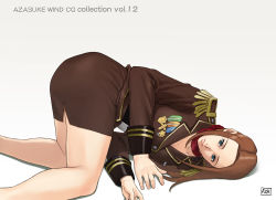 Rule 34 | 1girl, ace attorney, ass, azasuke, belt, blue eyes, breasts, brown hair, capcom, highres, lana skye, legs, long hair, looking at viewer, lying, military, military uniform, on side, scarf, serious, simple background, skirt, solo, thighs, uniform, white background