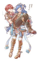 Rule 34 | 1boy, 1girl, :d, adol christin, black pants, blue hair, boots, brown eyes, carrying, closed eyes, closed mouth, dana (ys), falcom, hair between eyes, hair ribbon, hairband, highres, long hair, mishiro (andante), open mouth, pants, princess carry, red hair, ribbon, short sleeves, simple background, sketch, smile, thighhighs, very long hair, white background, white hairband, white ribbon, ys, ys viii lacrimosa of dana