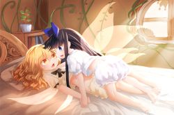 Rule 34 | 2girls, after kiss, bad id, bad pixiv id, black hair, blonde hair, bloomers, bloomers pull, blouse, blue eyes, blunt bangs, bow, commentary request, crop top, drill hair, fairy, fairy wings, fuji tarawi, full body, girl on top, groin, hair bow, highres, hime cut, indoors, long hair, luna child, lying, midriff, multiple girls, on back, on bed, pinned, plant, puffy short sleeves, puffy sleeves, saliva, saliva trail, shirt, short sleeves, sidelocks, star sapphire, touhou, underwear, very long hair, wavy hair, white shirt, wings, yellow eyes, yuri