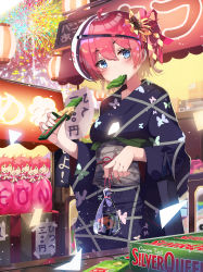 Rule 34 | 1girl, absurdres, blue eyes, colorful, cotton candy, festival, fireworks, fish, flower, goldfish, green tea, hair between eyes, hair flower, hair ornament, highres, japanese clothes, kimono, looking at viewer, mouth hold, multicolored background, original, sash, tea, vierzeck, yukata