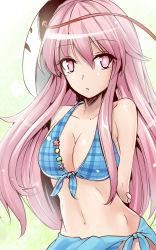 Rule 34 | 1girl, bikini, bikini skirt, breasts, cleavage, expressionless, female focus, hata no kokoro, highres, large breasts, long hair, looking at viewer, mask, mouth mask, pink eyes, pink hair, solo, touhou, very long hair, y2