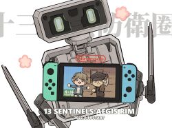 1boy 1girl absurdres animal_crossing bj_(juusan_kihei_bouei_ken) brown_hair bug crossover favilia gakuran hat highres jacket juusan_kihei_bouei_ken minami_natsuno miura_keitarou nintendo nintendo_switch robot school_uniform simple_background track_jacket villager_(animal_crossing)