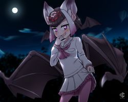 Rule 34 | 1girl, :d, animal ear fluff, ascot, bad id, bad pixiv id, bat wings, black hair, clothes lift, commentary request, common vampire bat (kemono friends), fang, full moon, gradient hair, hand to own mouth, head wings, kasugai isoya, kemono friends, lifting own clothes, long sleeves, looking at viewer, moon, multicolored hair, night, open mouth, outdoors, pantyhose, pink ascot, pink hair, pink pantyhose, pleated skirt, purple eyes, sailor collar, shirt, short hair, skirt, skirt lift, smile, solo, underskirt, white hair, white sailor collar, white shirt, white skirt, wings