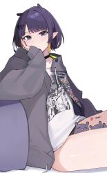Rule 34 | 1girl, between thighs, black choker, choker, closed mouth, drawstring, grey hoodie, hair ornament, heart, highres, hololive, hololive english, hood, hoodie, ku roiko, looking at viewer, mole, mole under eye, ninomae ina&#039;nis, ninomae ina&#039;nis (loungewear), official alternate costume, open clothes, open hoodie, pixie cut, pointy ears, purple eyes, purple hair, shirt, short hair, sitting, sleeves past wrists, solo, t-shirt, takodachi (ninomae ina&#039;nis), tentacle hair, thighs, virtual youtuber, white shirt