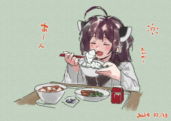 Rule 34 | 1girl, ahoge, blush, bowl, brown hair, chopsticks, closed eyes, commentary request, dated, facing viewer, food, food request, green background, headgear, holding, holding bowl, holding chopsticks, japanese clothes, kimono, lamb (hitsujiniku), long sleeves, open mouth, simple background, solo, squeans, table, touhoku kiritan, translation request, twintails, upper body, voiceroid, white kimono, wide sleeves