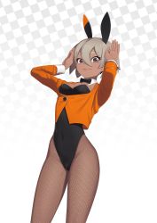 Rule 34 | 1girl, absurdres, alternate costume, animal ears, arms up, bea (pokemon), black bow, black bowtie, black leotard, bow, bowtie, breasts, brown eyes, checkered background, cleavage, closed mouth, covered navel, creatures (company), cropped jacket, dark-skinned female, dark skin, detached collar, fake animal ears, fishnet pantyhose, fishnets, game freak, gradient background, grey hair, gym leader, hair between eyes, highres, jacket, leotard, long sleeves, looking at viewer, nintendo, orange jacket, pantyhose, playboy bunny, pokemon, pokemon swsh, putcher, rabbit ears, short hair, small breasts, smile, solo, strapless, strapless leotard, thick eyebrows