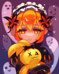 Rule 34 | 1girl, back bow, bow, bright pupils, butterfly hair ornament, child, closed mouth, cookie run, ghost, hair ornament, highres, humanization, juliet sleeves, long sleeves, mikmix, orange eyes, orange hair, personification, puffy sleeves, pumpkin pie cookie, short hair, smile, solo, stuffed animal, stuffed toy, upper body