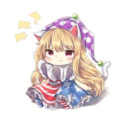 Rule 34 | &gt;:t, 1girl, :t, american flag dress, american flag legwear, animal ears, bad id, bad twitter id, blonde hair, cat ears, cheunes, chibi, clownpiece, dress, fairy wings, feet, hat, jester cap, kemonomimi mode, long hair, neck ruff, no shoes, pantyhose, pout, red eyes, sitting, soles, solo, tail, touhou, v-shaped eyebrows, very long hair, wavy mouth, wings