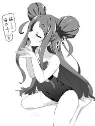 Rule 34 | 1girl, barefoot, blush, closed eyes, competition school swimsuit, covered navel, double bun, greyscale, hair bun, hair ornament, heart, heart hair ornament, kneeling, long hair, monochrome, nekono matatabi, nose blush, ochikobore fruit tart, one-piece swimsuit, open mouth, saliva, school swimsuit, sekino roko, soles, solo, swimsuit, tongue, tongue out, translated
