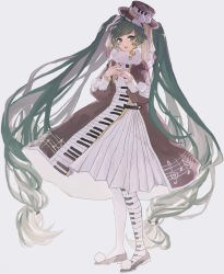 Rule 34 | 1girl, absurdres, alternate costume, beamed eighth notes, beamed sixteenth notes, brown dress, commentary, dress, earrings, eighth note, english commentary, fortissimo, full body, fur-trimmed dress, fur trim, green eyes, green hair, hair ornament, hat, hatsune miku, highres, jewelry, keyboard print, light smile, long hair, looking at viewer, michiki kokuyou, musical note, musical note hair ornament, musical note print, open mouth, own hands together, pleated dress, quarter note, ribbon, smile, solo, staff (music), standing, treble clef, twintails, very long hair, vocaloid, yuki miku, yuki miku (2020), yuki miku (2020) (candidate no.4)