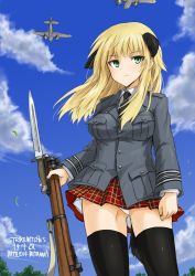 Rule 34 | 1girl, aircraft, airplane, animal ears, bad id, bad pixiv id, bayonet, blonde hair, commentary, constantia harvey, dakku (ogitsune), gun, panties, rifle, skirt, solo, strike witches, strike witches 1940, tail, thighhighs, underwear, uniform, weapon, world witches series