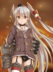 Rule 34 | 10s, 1girl, absurdres, amatsukaze (kancolle), black panties, brown eyes, centon (736023681), dress, garter straps, highres, kantai collection, long hair, looking at viewer, making-of available, panties, pantyshot, personification, rensouhou-kun, sailor dress, school uniform, serafuku, short dress, silver hair, solo, standing, striped clothes, striped thighhighs, thighhighs, twintails, two side up, underwear, zettai ryouiki
