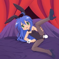 Rule 34 | 1girl, ahoge, anal, anal object insertion, animal ears, anus, bed, blue hair, bow, bowtie, butt plug, detached collar, dress, fake animal ears, fake tail, female focus, full body, green eyes, heels, izumi konata, leotard, long hair, looking at viewer, lucky star, mole, mole under eye, not call, object insertion, open mouth, pantyhose, playboy bunny, rabbit ears, rabbit tail, sex toy, solo, spread legs, strapless, strapless dress, tail, torn clothes, wrist cuffs