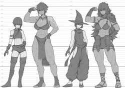 Rule 34 | 1boy, 1girl, abs, absurdres, belt, belt buckle, blunt bangs, blunt ends, breasts, buckle, commentary, english commentary, fingerless gloves, flexing, gloves, gluteal fold, greyscale, hair between eyes, hand on own hip, hat, height chart, height difference, highres, large breasts, long hair, looking at viewer, monochrome, multiple views, muscular, muscular female, original, pointy ears, sandals, short hair, shorts, speedl00ver, standing, tall female, thighhighs, witch hat