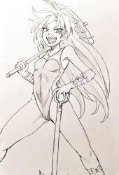 Rule 34 | arm ribbon, arm strap, breasts, collarbone, commentary request, competition school swimsuit, competition swimsuit, covered navel, d-m (dii emu), eyelashes, greyscale, himemushi momoyo, holding, holding pickaxe, holding shovel, leg ribbon, leg strap, long hair, messy hair, monochrome, one-piece swimsuit, open mouth, parted bangs, pickaxe, ribbon, school swimsuit, sharp teeth, shovel, simple background, small breasts, solo, standing, swimsuit, teeth, thighs, touhou, traditional media, very long hair
