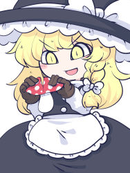 Rule 34 | 1girl, apron, black dress, black hat, blonde hair, blush stickers, bow, braid, brown gloves, chahan (fried rice0614), dress, food, gloves, hat, hat bow, highres, holding, holding food, kirisame marisa, long hair, long sleeves, mushroom, one-hour drawing challenge, open mouth, simple background, single braid, smile, solo, touhou, waist apron, white apron, white background, white bow, witch hat, yellow eyes