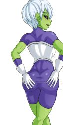 Rule 34 | 1girl, absurdres, ass, backboob, bodysuit, bodysuit under armor, breasts, cheelai, colored skin, dragon ball, green skin, hands on ass, hands on own ass, highres, large breasts, legs, looking at viewer, open mouth, purple eyes, seductive smile, short hair, smile, thighs, white hair