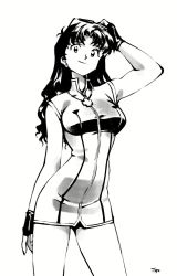 Rule 34 | 1girl, black hair, breasts, commentary, cross, cross necklace, dress, english commentary, fingerless gloves, gloves, greyscale, jewelry, katsuragi misato, long hair, looking at viewer, monochrome, necklace, neon genesis evangelion, optionaltypo, signature, sleeveless, sleeveless dress, solo, white background