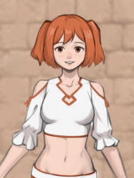 Rule 34 | 1girl, a-pose, bare shoulders, belt, blurry, blurry background, bob cut, breasts, brick wall, brown eyes, clothing cutout, collarbone, commentary, crop top, cropped shirt, depth of field, frilled sleeves, frills, highres, kanne (sousou no frieren), looking at viewer, medium breasts, midriff, navel, orange hair, parted lips, shirt, short hair, short sleeves, shoulder cutout, smaragdus, smile, solo, sousou no frieren, standing, straight-on, two side up, upper body, white belt, white shirt