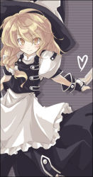 Rule 34 | 1girl, apron, black dress, blonde hair, bow, brown background, buttons, dress, female focus, fingerless gloves, gloves, hat, hat bow, heart, kirisame marisa, long hair, puffy short sleeves, puffy sleeves, short sleeves, simple background, solo, striped, striped background, tooya, touhou, touya (the-moon), waist apron, white bow, witch hat, yellow eyes