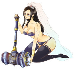 Rule 34 | 1girl, alternate costume, alternate hairstyle, asymmetrical legwear, bad id, bad pixiv id, bare shoulders, bikini, black hair, black thighhighs, blue bikini, blue eyes, blue thighhighs, bracer, breasts, cleavage, closed mouth, collarbone, commentary request, crown, deborah (dq5), dragon quest, dragon quest v, earrings, female focus, full body, hammer, hand up, holding, holding hammer, holding weapon, hoop earrings, icomemo, jewelry, kneeling, large breasts, leaning, leaning forward, lips, long hair, looking at viewer, mole, mole under eye, navel, neck, revealing clothes, see-through, sidelocks, simple background, solo, strapless, strapless bikini, swept bangs, swimsuit, thighhighs, uneven legwear, veil, weapon, white background