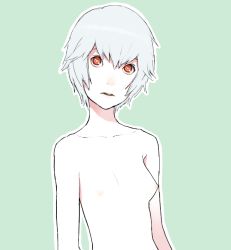 Rule 34 | 1girl, ayanami rei, blue background, breasts, completely nude, flat chest, hijiri rei, neon genesis evangelion, nipples, nude, outline, pale skin, parted lips, red eyes, short hair, silver hair, simple background, small breasts, solo