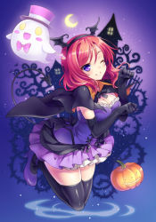 Rule 34 | 10s, 1girl, black gloves, black hair, blush, breasts, cape, cleavage, crescent moon, dancing stars on me!, demon tail, elbow gloves, fake wings, full body, ghost, gloves, halloween, head wings, high heels, jack-o&#039;-lantern, looking at viewer, love live!, love live! school idol project, moon, nishikino maki, one eye closed, paw pose, purple eyes, red hair, riv (rivleaf), short hair, smile, solo, tail, thighhighs, wings, zettai ryouiki