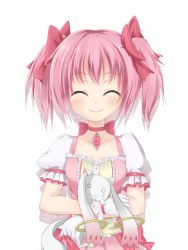 Rule 34 | 10s, 1girl, absurdres, closed eyes, gloves, highres, kaname madoka, kyubey, magical girl, mahou shoujo madoka magica, mahou shoujo madoka magica (anime), pink hair, short hair, short twintails, sigemi, simple background, smile, transparent background, twintails, white background
