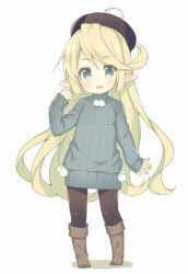 Rule 34 | 1girl, arm up, black pantyhose, blonde hair, blue eyes, boots, charlotta (granblue fantasy), dress, granblue fantasy, grey sweater, hat, knee boots, long hair, meito (maze), open mouth, pantyhose, pointy ears, solo, sweater, sweater dress