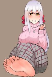Rule 34 | 10s, 1girl, ahoge, barefoot, blanket, blush, feet, foot focus, gabriel dropout, hair ornament, twirling hair, hairclip, jewelry, long hair, looking away, necklace, pov, scathegrapes, raphiel shiraha ainsworth, soles, sweater, toes, white hair, yellow eyes