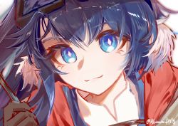 Rule 34 | 1girl, :3, absurdres, alstarien, animal ears, arknights, astgenne (arknights), bird ears, blue eyes, blue hair, bright pupils, close-up, eyewear on head, highres, holding, holding wand, looking at viewer, shirt, simple background, smile, solo, wand, white background, white pupils, white shirt