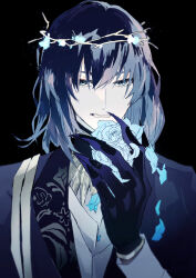 Rule 34 | 1boy, black background, black hair, black jacket, blue eyes, blue flower, blue rose, bracelet, collared shirt, fate/grand order, fate (series), flower, head wreath, highres, jacket, jewelry, long sleeves, looking at viewer, male focus, medium hair, oberon (fate), oberon (overnight dream) (fate), oberon (third ascension) (fate), petals, rose, rose petals, shirt, simple background, solo, upper body, user ccgs5255, white shirt
