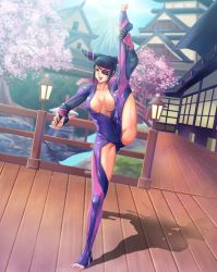 Rule 34 | 1girl, artist request, ass, black hair, bodysuit, breasts, bridge, building, capcom, eyepatch, formal, han juri, hip focus, large breasts, leg lift, leg up, legs, lipstick, makeup, mountain, no bra, no shoes, open clothes, outdoors, purple eyes, purple lips, sakura tree, short hair, solo, street fighter, street fighter v, suit, thighs, tight clothes, toeless legwear, toes, twintails, unzipped
