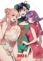 3girls ahoge ass ass_cutout black_hair blue_eyes blush braid breasts butt_crack china_dress chinese_clothes clothing_cutout commentary_request dress green_dress green_eyes hair_ornament hand_on_another&#039;s_waist happy_new_year heart_cutout highres huge_breasts manuba_(yukataro) multiple_girls new_year no_panties open_mouth original pink_hair pointy_ears puffy_chest purple_hair red_dress senri_(yukataro) small_breasts smile spica_(yukataro) teeth upper_teeth_only white_background white_dress yukataro