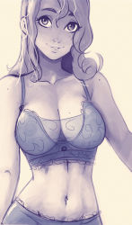 Rule 34 | 1girl, absurdres, bra, breasts, cowboy shot, hair between eyes, highres, large breasts, long hair, looking at viewer, monochrome, navel, original, parted lips, raichiyo33, simple background, smile, solo, underwear, underwear only, yellow background