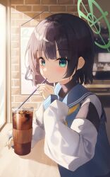 Rule 34 | 1girl, absurdres, aqua eyes, black hair, blue archive, blue sailor collar, blue shirt, blush, brick wall, cafe, commentary, cup, drinking glass, drinking straw, halo, highres, holding, holding drinking straw, ice, ice cube, indoors, kano (kano4), long sleeves, looking at viewer, neckerchief, puffy long sleeves, puffy sleeves, sailor collar, saki (blue archive), shirt, short hair, solo, tea, turtleneck, upper body, yellow halo, yellow neckerchief