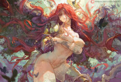 Rule 34 | 1girl, armor, breasts, closed mouth, covering privates, covering breasts, cutesexyrobutts, elden ring, large breasts, long hair, looking at viewer, malenia blade of miquella, malenia goddess of rot, mechanical arms, navel, prosthesis, prosthetic arm, prosthetic leg, red hair, shoulder armor, single mechanical arm, solo, thick thighs, thigh armor, thighs, very long hair