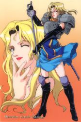 Rule 34 | 1990s (style), armor, artist name, black footwear, black gloves, blonde hair, blue eyes, boots, breastplate, charlotte christine de colde, chikanaga kenichi, elbow gloves, full body, gloves, gradient background, hand on own chin, high heels, holding, holding sword, holding weapon, knee boots, lipstick, long hair, looking at viewer, makeup, official art, one eye closed, orange background, pauldrons, rapier, red lips, retro artstyle, reverse grip, samurai spirits, sheath, shoulder armor, skirt, standing, sword, thighhighs, weapon