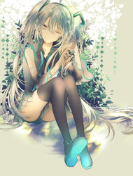 Rule 34 | 1girl, ;|, aqua nails, bad id, bad pixiv id, cacao (chocotto), clothes between thighs, detached sleeves, expressionless, fingernails, full body, grey background, grey hair, grey shirt, hair between eyes, hand in own hair, hatsune miku, legs together, long hair, looking away, nail polish, one eye closed, shirt, simple background, sitting, solo, thighhighs, thighs, twintails, very long hair, vocaloid