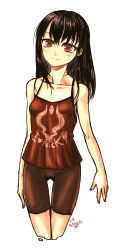 Rule 34 | 1girl, bare arms, bare shoulders, bike shorts, black hair, black shorts, blush, cameltoe, camisole, closed mouth, clothes writing, collarbone, commentary request, cropped legs, dated, gluteal fold, head tilt, kotoba noriaki, long hair, looking at viewer, nail polish, original, red eyes, red nails, shorts, signature, simple background, smile, solo, spaghetti strap, white background