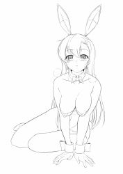 Rule 34 | 00s, 10s, 1girl, animal ears, arm support, bare shoulders, blush, bow, bowtie, breasts, breasts out, cleavage, detached collar, earrings, fake animal ears, fake tail, female focus, full body, fuuma tokiko, greyscale, groin, hair between eyes, hanging breasts, haruhisky, heavy breathing, highres, hiyou (kancolle), hoop earrings, jewelry, kantai collection, large breasts, leaning forward, leotard, lineart, long hair, looking at viewer, monochrome, nipple slip, nipples, parted lips, playboy bunny, rabbit ears, rabbit tail, simple background, sitting, solo, strapless, strapless leotard, sweatdrop, tail, taimanin (series), taimanin asagi, taimanin asagi kessen arena, wrist cuffs, yokozuwari