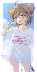 Rule 34 | 1girl, :d, ahoge, bag, brown eyes, brown hair, character request, clothes writing, collarbone, commentary request, fang, food, hair between eyes, hand up, highres, holding, holding bag, holding food, looking away, mao (6r), open mouth, plastic bag, popsicle, rick g earth, see-through, see-through silhouette, shirt, short sleeves, smile, solo, standing, sweat, thick eyebrows, translation request, white shirt