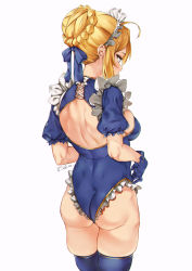 Rule 34 | 1girl, ahoge, alternate costume, artoria pendragon (all), artoria pendragon (fate), artoria pendragon (lancer) (fate), ass, blonde hair, blue gloves, blue leotard, blue ribbon, blue thighhighs, braid, breasts, commentary request, facing away, fate/grand order, fate (series), french braid, from behind, gloves, grayfox, hair ribbon, highres, impossible clothes, legs together, leotard, maid headdress, medium breasts, nape, puffy short sleeves, puffy sleeves, ribbon, saber (fate), short sleeves, sidelocks, simple background, skindentation, solo, standing, thighhighs, white background