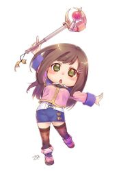 Rule 34 | 1girl, breasts, brown hair, chibi, full body, green eyes, hair ornament, hairclip, holding, holding staff, long hair, looking at viewer, medium breasts, misono mitama, open mouth, pencil skirt, simple background, skirt, solo, sophia esteed, staff, star ocean, star ocean till the end of time, thighhighs, white background