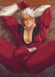 Rule 34 | 1boy, bara, blush, bodysuit, boku no hero academia, bulge, covered anus, covered penis, cross scar, dreamplpe, erection, erection under clothes, facial scar, highres, impossible bodysuit, impossible clothes, large pectorals, male focus, mature male, muscular, muscular male, pectoral cleavage, pectorals, presenting, red bodysuit, scar, scar on cheek, scar on face, short hair, solo, spread legs, tusks, vambraces, vlad king (boku no hero academia), white hair