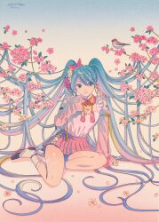 Rule 34 | 1girl, absurdly long hair, aqua hair, bird, blue background, blue eyes, dated, detached sleeves, flower, frilled sleeves, frills, full body, gradient background, hatsune miku, highres, long hair, long sleeves, looking at viewer, pink background, pink flower, pink shirt, pink skirt, pleated skirt, sakura miku, shirt, shoes, sitting, skirt, solo, tree, very long hair, vocaloid, yuuinami
