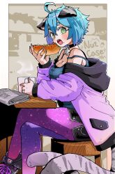 Rule 34 | 1girl, absurdres, ahoge, animal ear fluff, animal ears, bare shoulders, blue hair, border, breasts, buttons, chair, character name, choker, cleavage, commission, crossed legs, cup, eating, fang, food, food on face, foot out of frame, glasses, green eyes, hair between eyes, hanimitsu (bisko), highres, holding, holding cup, holding food, hood, hot dog, jacket, jewelry, large breasts, long sleeves, looking at viewer, medium breasts, newspaper, no nose, off shoulder, open clothes, open jacket, open mouth, original, outline, outside border, pocket, purple footwear, ring, second-party source, shoes, sitting, skeb commission, sneakers, solo, star (symbol), table, tail, thick eyebrows, translation request, white border, white outline